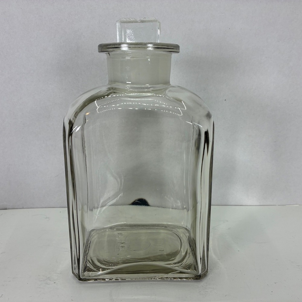 Vintage Clear Glass Apothecary Bottle with Ground Glass Stopper Rectangular Jar